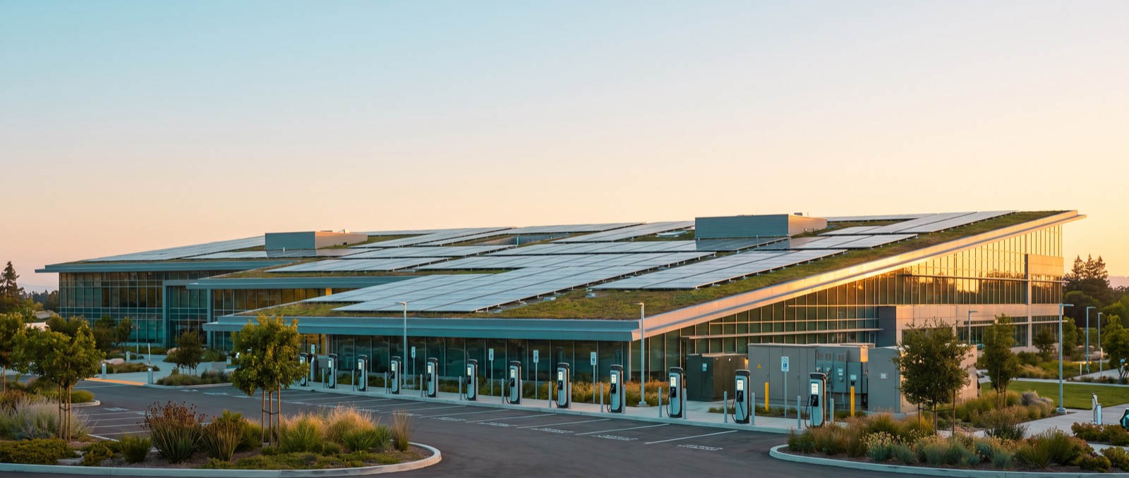 Tetto aziendale con impianto fotovoltaico e colonnine di ricarica all'alba