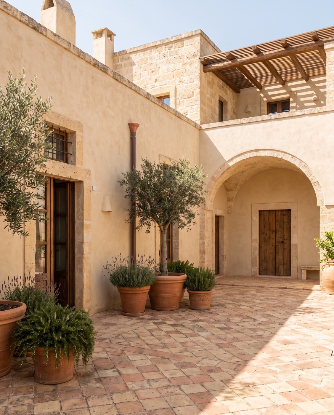Corte di una masseria storica restaurata con pietra, archi e intonaci a calce