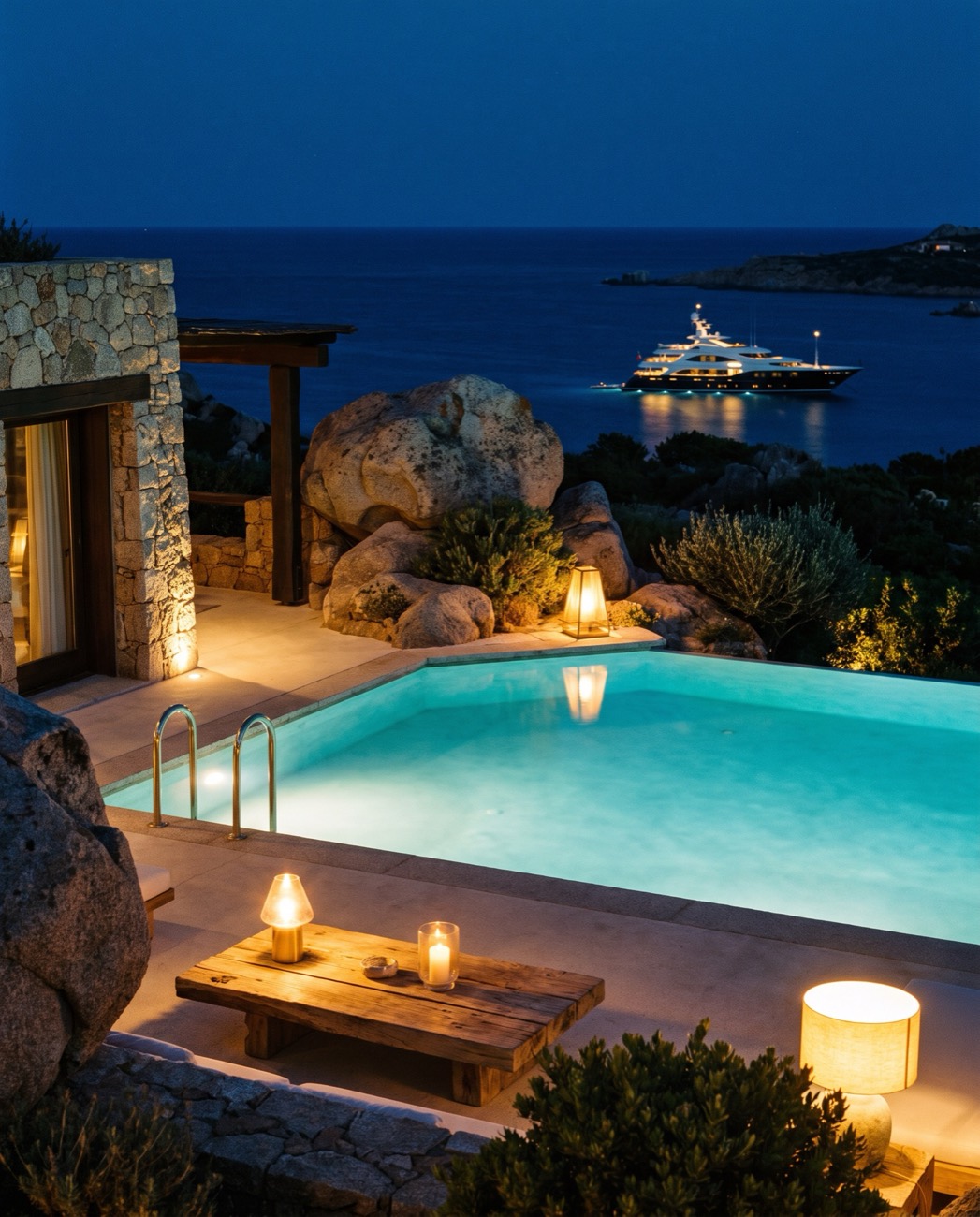 Villa con piscina a Porto Cervo di notte, con uno yacht illuminato nella baia
